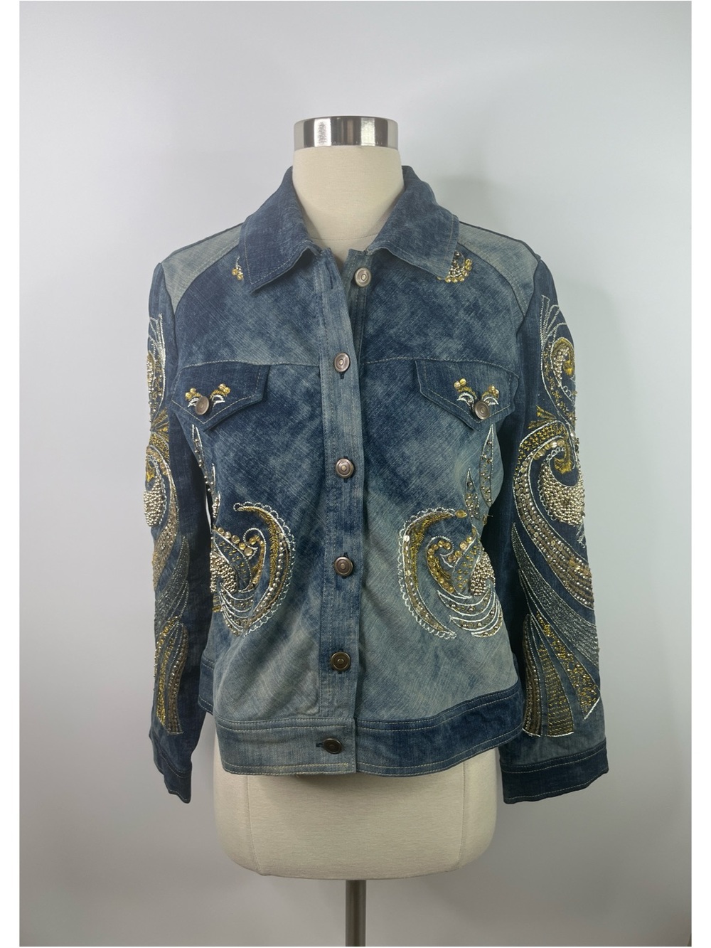 Chicos Denim Gold Embellished Collared Button Down Jacket